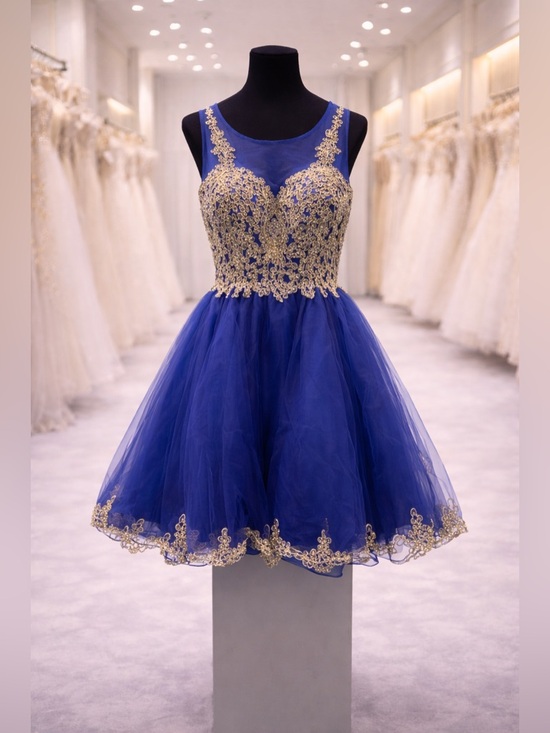 Let’s Dresses & Skirts - Royal Blue Gold Lace Fit & Flare Party Dress - Size M